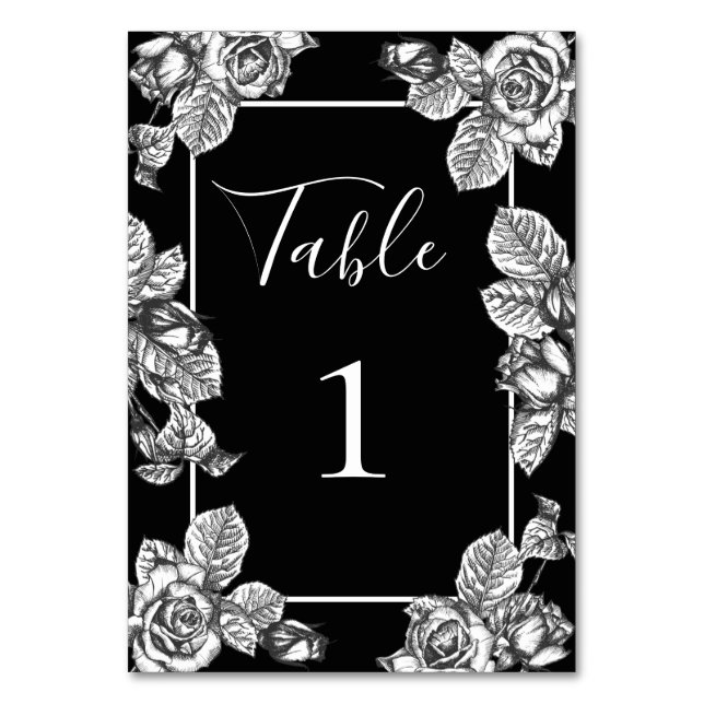 Numeração De Mesa Elegante Casamento Floral Preto e Branco (Frente)