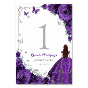 Numeração De Mesa Elegante Chic Rosas Roxas Quinceanera Prata