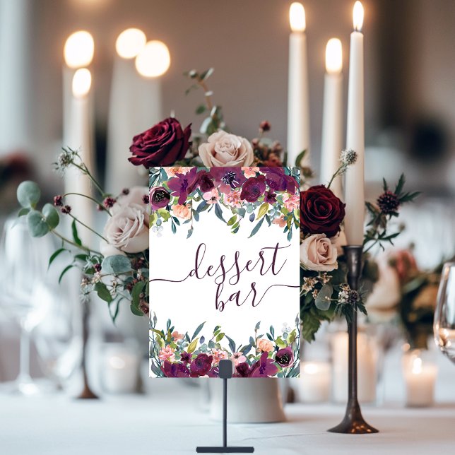 Numeração De Mesa Elegante Floral | Bar de deserto de Prata Rosa Púr (Criador carregado)