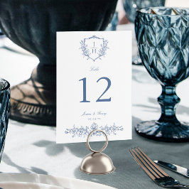 Numeração De Mesa Elegante Floral Crest Regency Azul Casamento