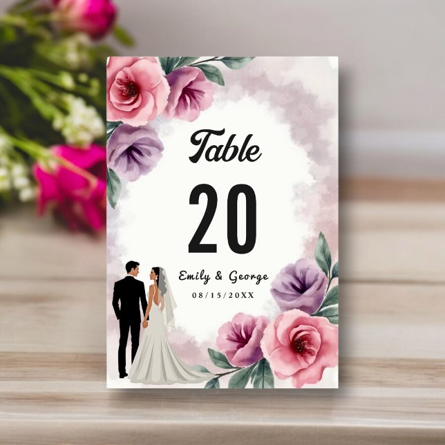 Numeração De Mesa Elegante Floral de Aquarela Roxo Pó para Casamento (Criador carregado)