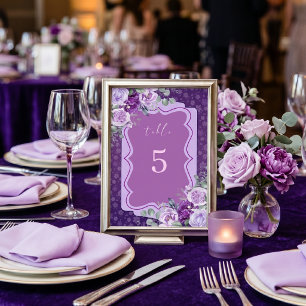 Numeração De Mesa Elegante Floral Roxo com Rosas Lavanda,