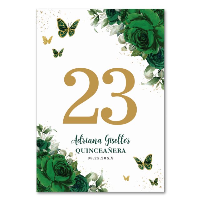 Numeração De Mesa Elegante Flores Verde Esmeralda Borboletas Dourada (Frente)