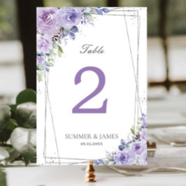 Numeração De Mesa Elegante Lilás Roxo Floral Prata Casamento Noiva