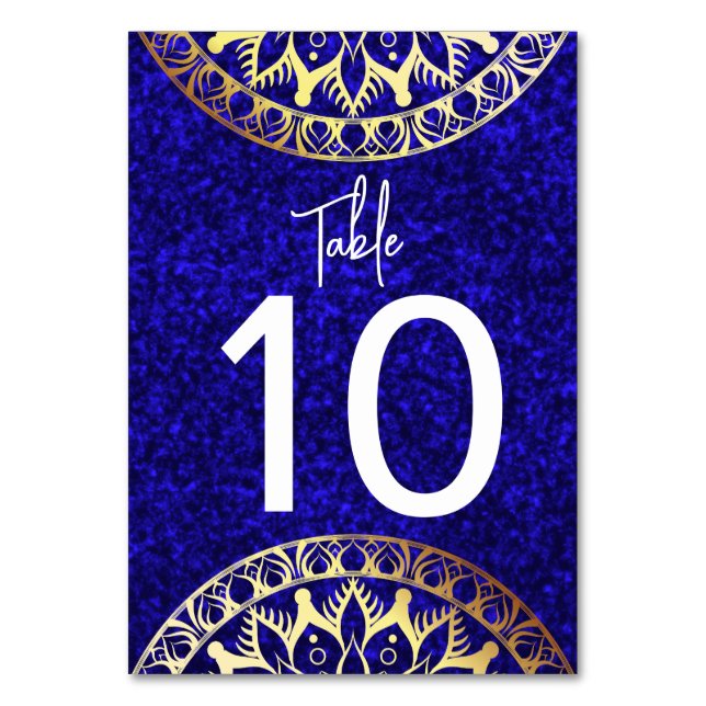 Numeração De Mesa Elegante Mandala Azul e Dourado em Duas Cores (Frente)