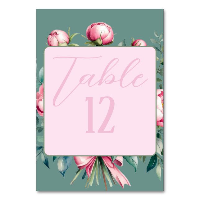Numeração De Mesa Elegante Peony Buquê em Casamento Watercolor (Frente)