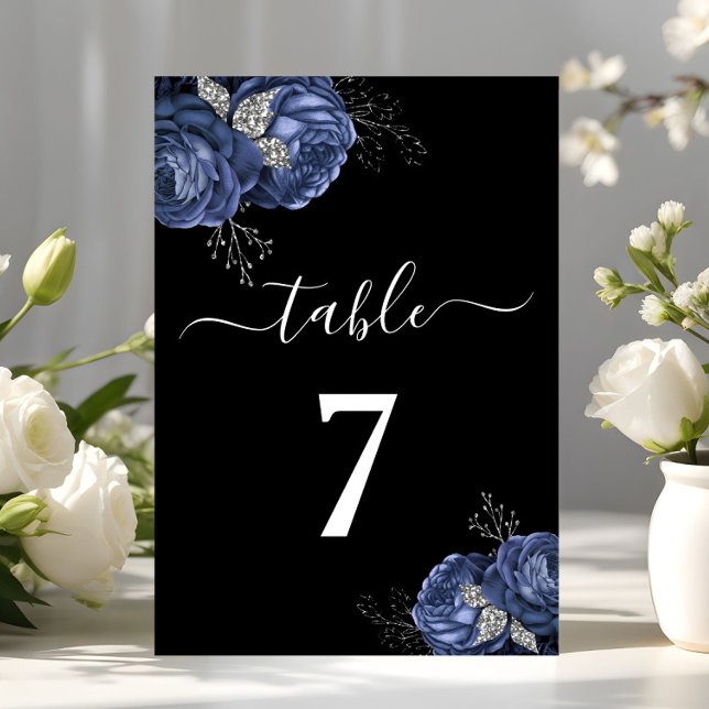 Numeração De Mesa Elegante Preto Azul Floral  (Elegant Black Blue Floral Table Number)