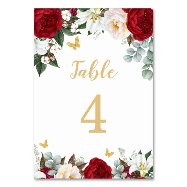 Numeração De Mesa Elegante Red Floral Quinceañera (Frente)