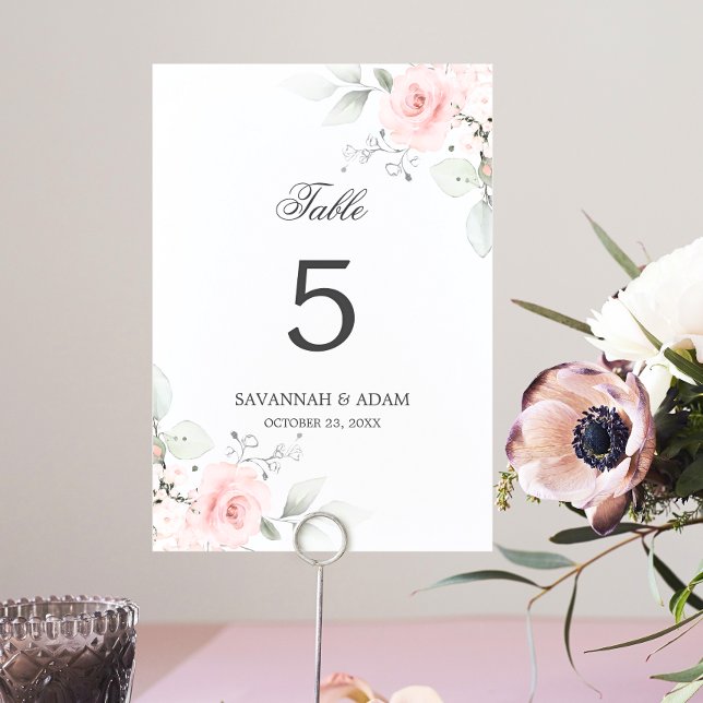 Numeração De Mesa Elegante Rosa Botânica Rosa Verde (Elegant Botanical Pink Rose Greenery Table Number)