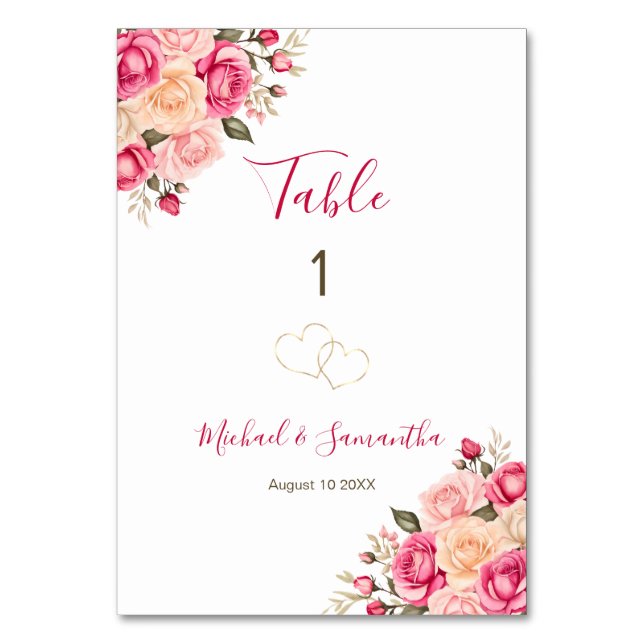 Numeração De Mesa Elegante Sinal de Casamento Fúcia Rosa e Rosa de M (Frente)