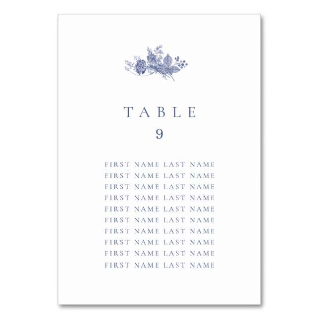 Numeração De Mesa Elegante Toile French Blue Table Number com nomes (Frente)