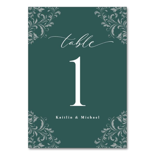 Numeração De Mesa Elegante Verde Esmeralda Vintage Pequeno Casamento (Frente)