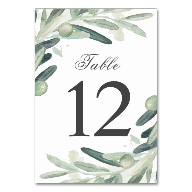 Numeração De Mesa Elegante Watercolor Olive Sprig Branch Greenery (Frente)