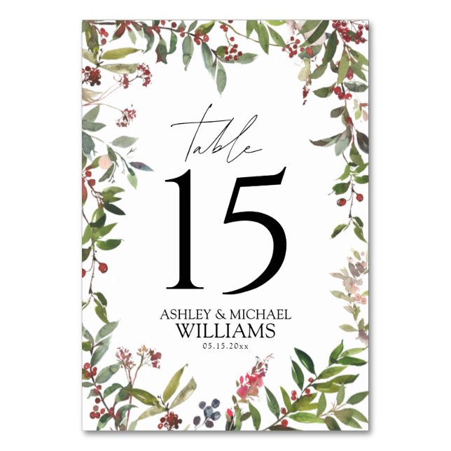 Numeração De Mesa Elegante Winter Wildflower Berry Reception (Verso)