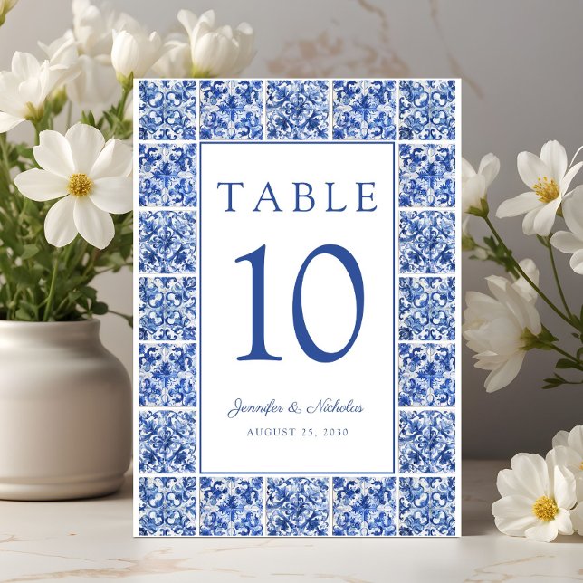 Numeração De Mesa Elegantes Azulejos Azuis Mediterrâneos Casamento (Elegant Mediterranean Blue Tiles Wedding Table Number)