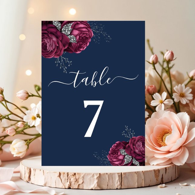 Numeração De Mesa Elegantes Peônias Florais Vermelho Borgonha Azul M (Elegant Burgundy Red Navy Blue Floral Peonies Table Number)