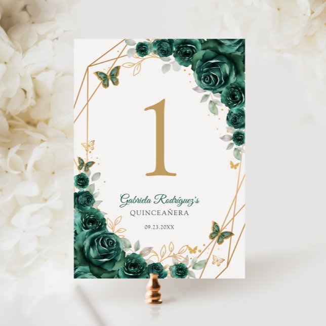 Numeração De Mesa Emerald Green Dourado Floral Quinceanera (Criador carregado)