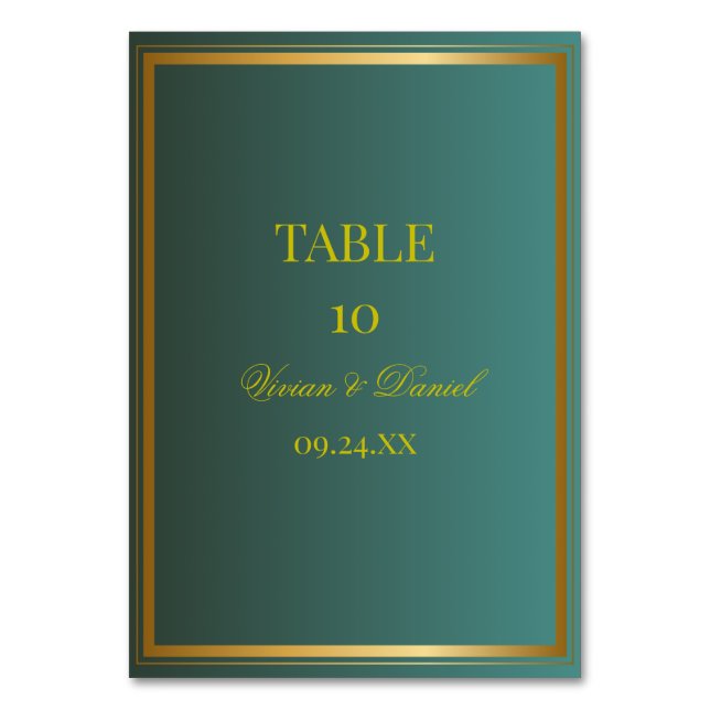 Numeração De Mesa Emerald Green & Gold Wedding Table Number Card (Frente)
