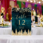 Numeração De Mesa Escrito chic Dourado e Teal Winter Christmas<br><div class="desc">sua surpreendente placa de número de mesa de inverno de Natal apresenta um rico fundo de terra, flocos de neve de ouro reluzentes, e um design de pinheiro festivo. Perfeito para casamentos no inverno, festas de Natal ou celebrações elegantes de Natal, ele adiciona um toque de sofisticação e calor às...</div>