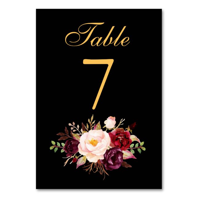Numeração De Mesa Especial - Casamento Dourado Borgonha Floral (Frente)