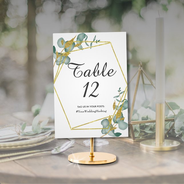 Numeração De Mesa Eucalipto Folhagem Brilho Dourado Casamento Hashta (Eucalyptus Gold Glitter Foliage Wedding Greenery Botanical Theme Wedding Table Decor)