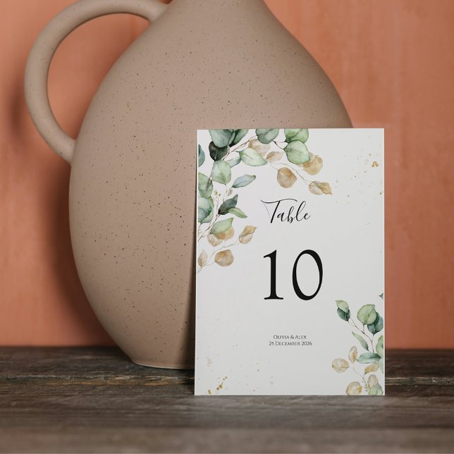 Numeração De Mesa Eucalyptus Greenery e Acentos Dourados Casamento (Criador carregado)