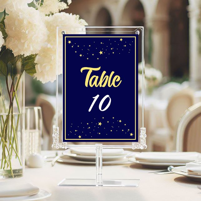 Numeração De Mesa Evento de Bola de Caridade da Empresa Elegante Dou (Charity Ball Gala Event Table Number in Navy Blue and Gold with Stars.)