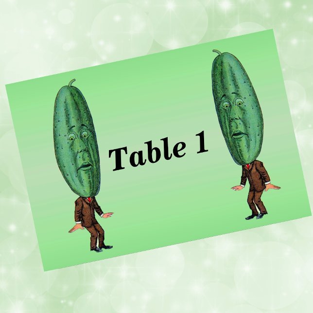 Numeração De Mesa Fantasy Pickle Man Brown Suit (Fun men in suit with green pickle heads with faces on light green event table number cards.)