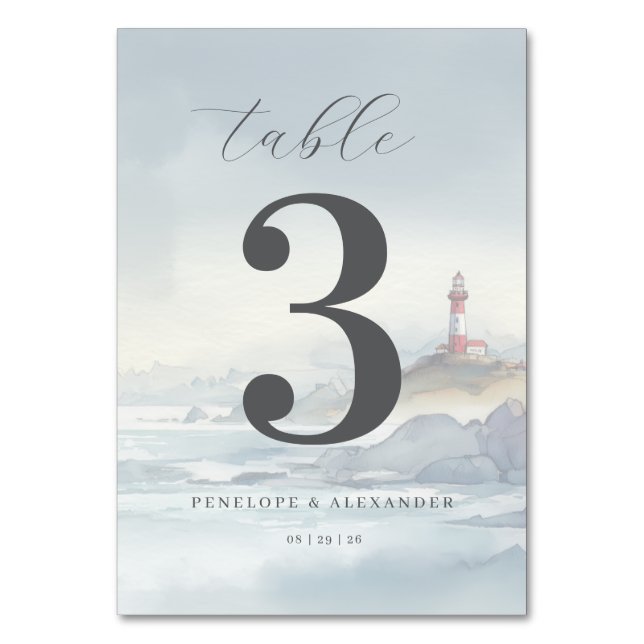 Numeração De Mesa Farol de Aquarela Azul Pacífico (Frente)