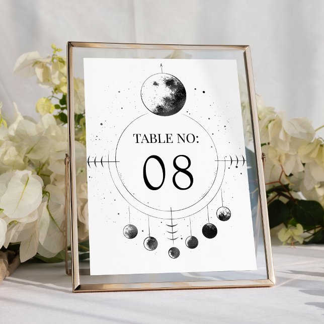Numeração De Mesa Fases da Lua Preta e Branca Celestial Casamento (Criador carregado)