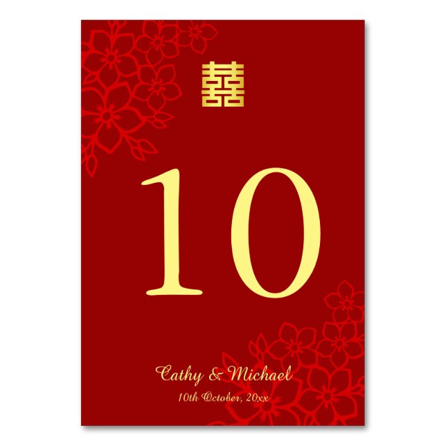 Numeração De Mesa Felicidade dupla fundo floral casamento chinês (Frente)