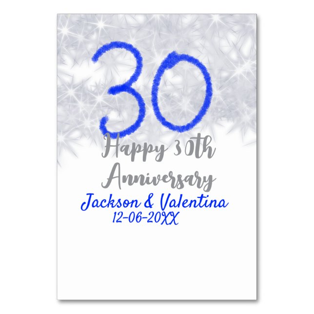 Numeração De Mesa Feliz aniversário de 30 do casamento, azul-prata (Frente)