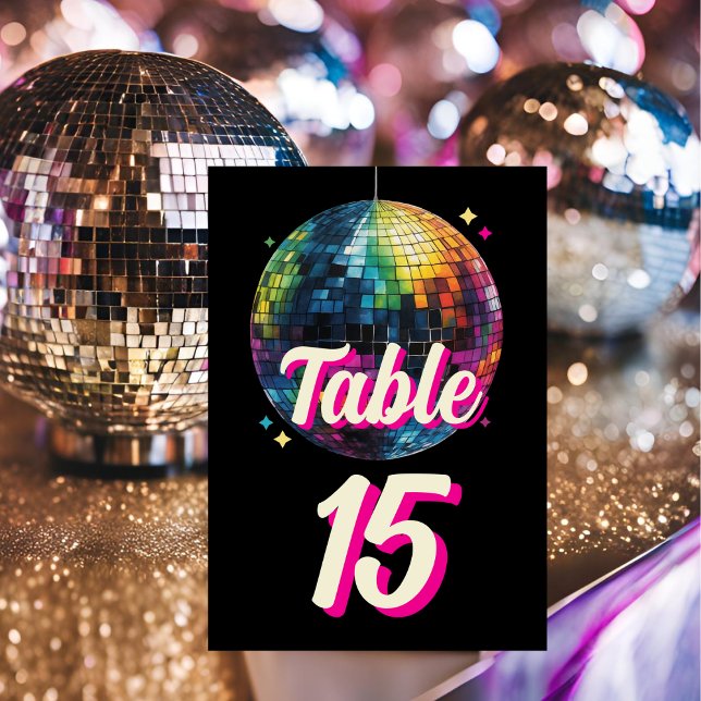 Numeração De Mesa Festa Retro dos Anos 70 Bola de Discoteca Brilho C (Angled view retro 70s disco ball wedding dance themed wedding vintage glam festive Table Number)