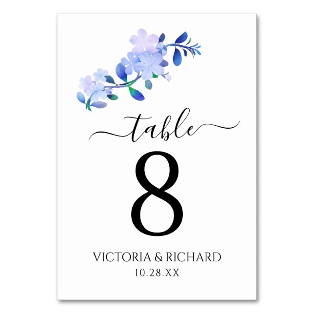 Numeração De Mesa flor de folhas em estilo aquarela azul empoeirado  (Frente)