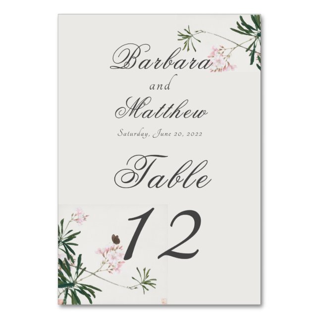 Numeração De Mesa Flor Rosa Botânica Elegante com Borboleta (Frente)