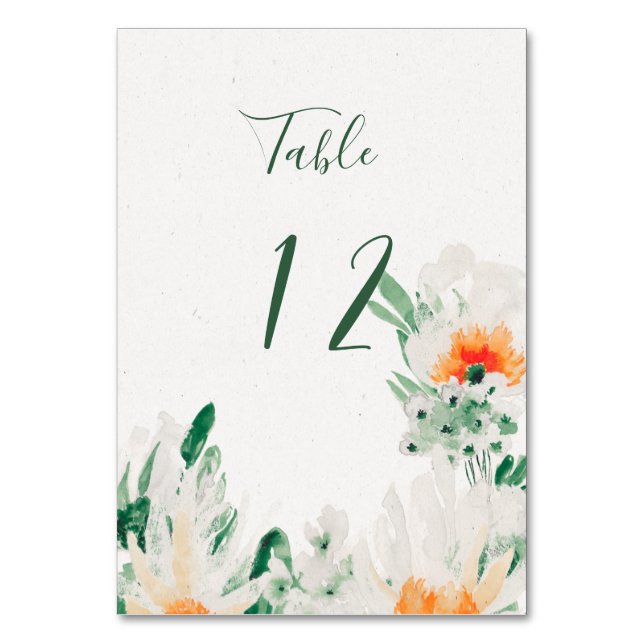 Numeração De Mesa Florais Aquarela Verde Floresta, Laranja, Branco (Frente)