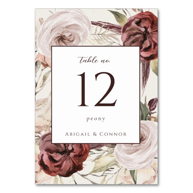 Numeração De Mesa Florais Creme Marsala Boho Rústico (Frente)