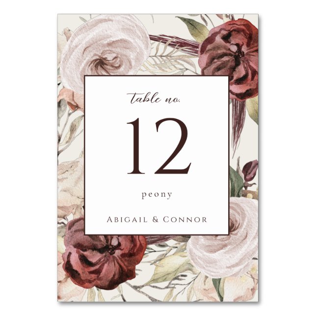 Numeração De Mesa Florais de Creme Marsala Boho Rústico (Frente)