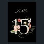 Numeração De Mesa Floral Botânico Elegante 15, Preto<br><div class="desc">COR DE FUNDO ALTERÁVEL | O cartão de número do quadro apresenta um número verde decorado com ilustrações aquáticas das flores e folhas em cor de pêssego, rosa-pincel, vermelho, terracota e verde. Este número de tabela é perfeito para casamentos, graduações, chás de fraldas, chás de panela, aniversários e outros eventos....</div>