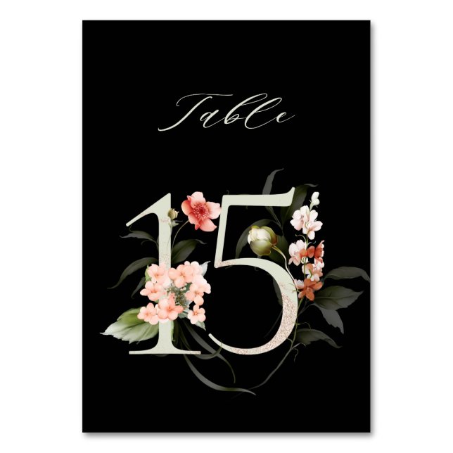 Numeração De Mesa Floral Botânico Elegante 15, Preto (Frente)