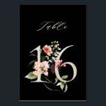 Numeração De Mesa Floral Botânico Elegante 16, Preto<br><div class="desc">COR DE FUNDO ALTERÁVEL | Este cartão de número de quadro apresenta um número verde decorado com ilustrações em aquarela de flores e folhas em cor de pêssego, rosa, vermelha, branca e verde. Este número de tabela é perfeito para casamentos, graduações, chás de fraldas, chás de panela, aniversários e outros...</div>