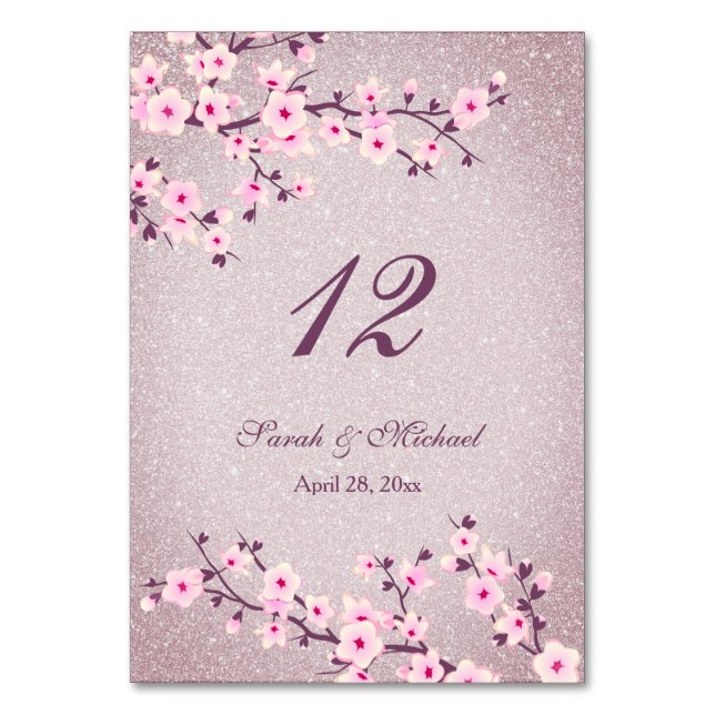 Numeração De Mesa Floral Cherry Blossoms Mauve Glitter Wedding (Frente)