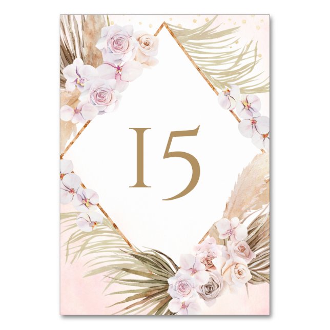 Numeração De Mesa Floral de Aquarela Rosa Luxuriante e Dourado (Frente)