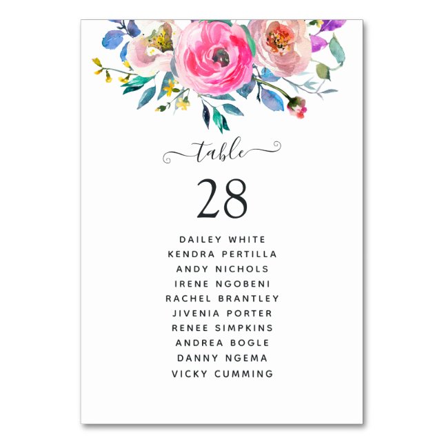 Numeração De Mesa Floral de Aquarela Rosa Quente (Frente)