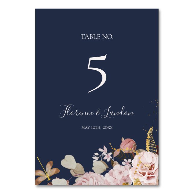 Numeração De Mesa Floral de Blush Moderno | Número do quadro do Mari (Frente)