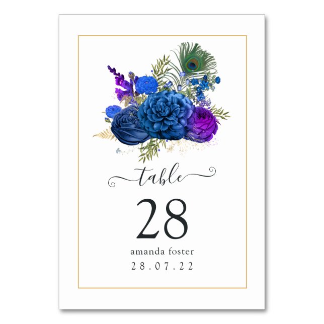 Numeração De Mesa Floral de Peacock, azul e púrpura, (Frente)