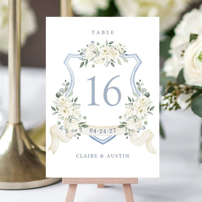 Numeração De Mesa Floral Elegant Dusty Blue White Crest Table Number (Criador carregado)