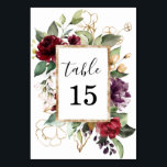 Numeração De Mesa Floral Vermelho Profundo Dourado de Aquarela Elega<br><div class="desc">Ouro impermeável de cor d'água,  rosa floral de vinho tinto profundo com vegetação verde para casamentos ou quaisquer ocasiões especiais.</div>