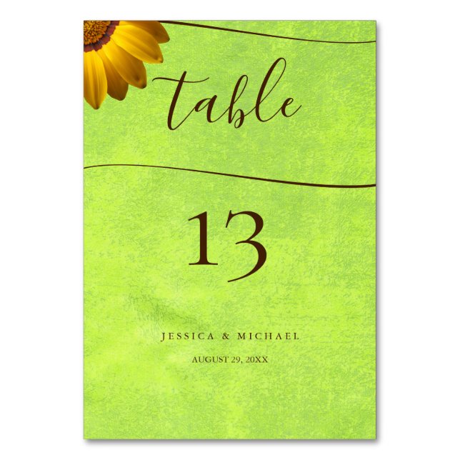 Numeração De Mesa Flores Amarelas em Casamento Verde Abstrato (Frente)