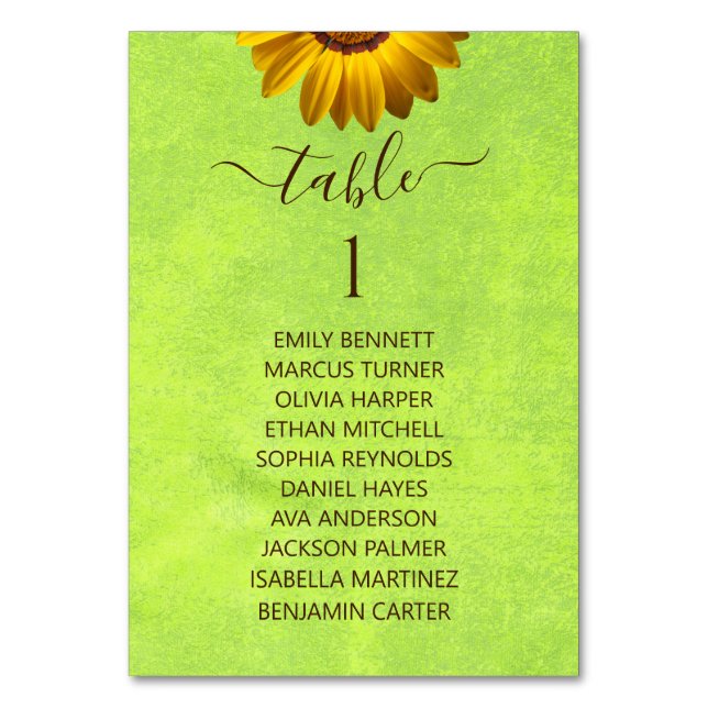 Numeração De Mesa Flores Amarelas no Casamento Verde Abstrato (Frente)